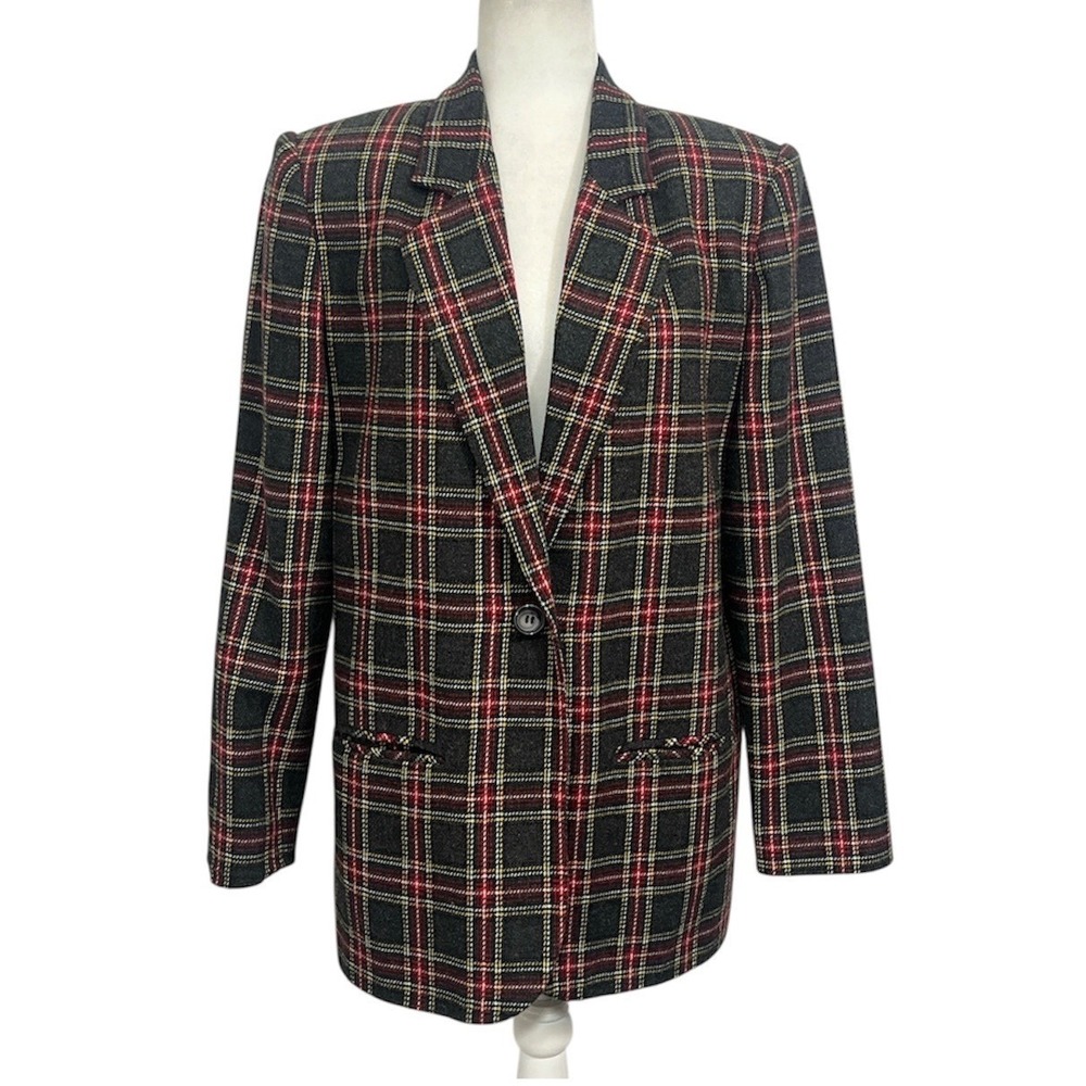 Tartan Plaid Wool Blazer Jacket Sz 10 Button Sag Harbor Buisness Academia
